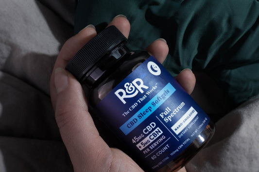 A hand holding R&R CBD Full Spectrum Sleep Softgels