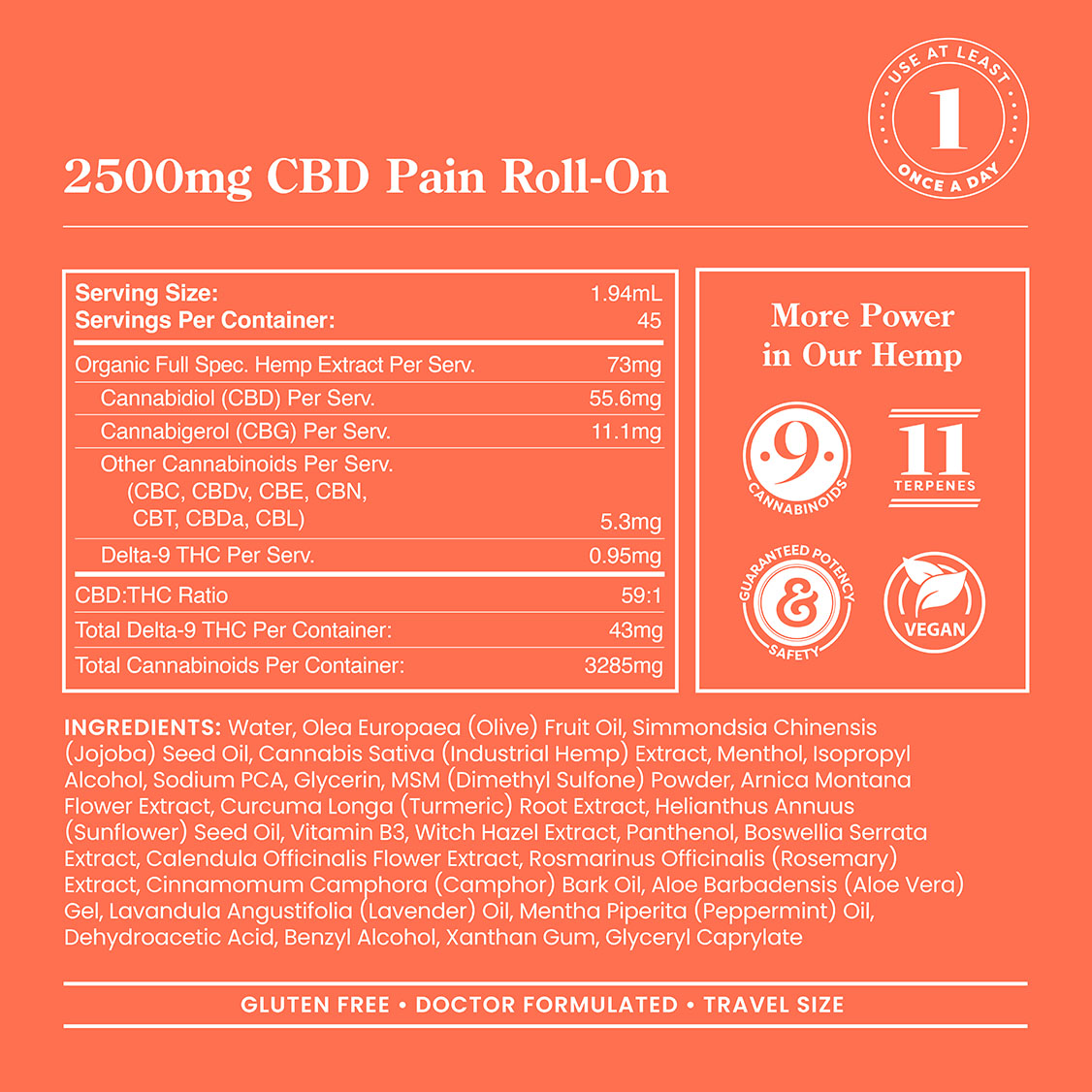 CBD Pain Roll-On – 2.95 FL Oz / 2500mg CBD + 500mg CBG